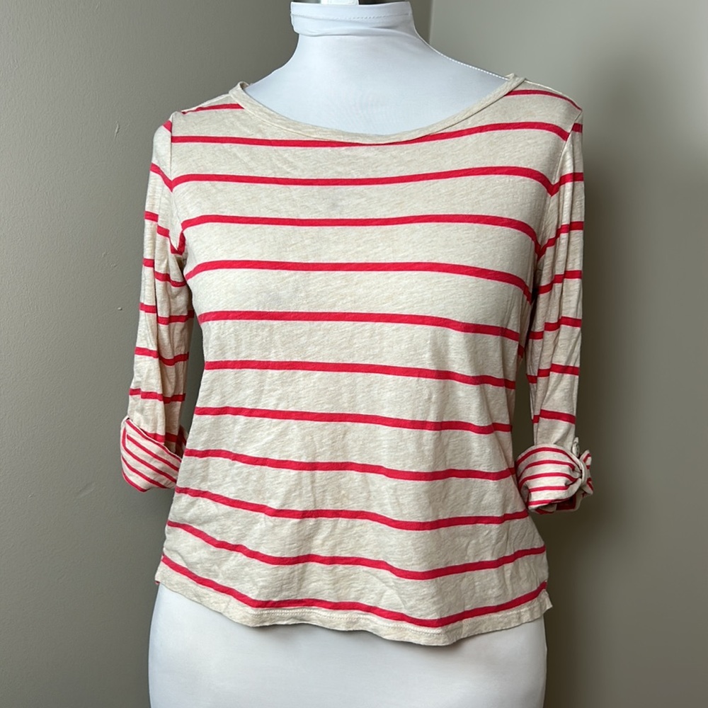 JCP Cream Red Striped Roll Tab 3/4 Sleeve Tee Large